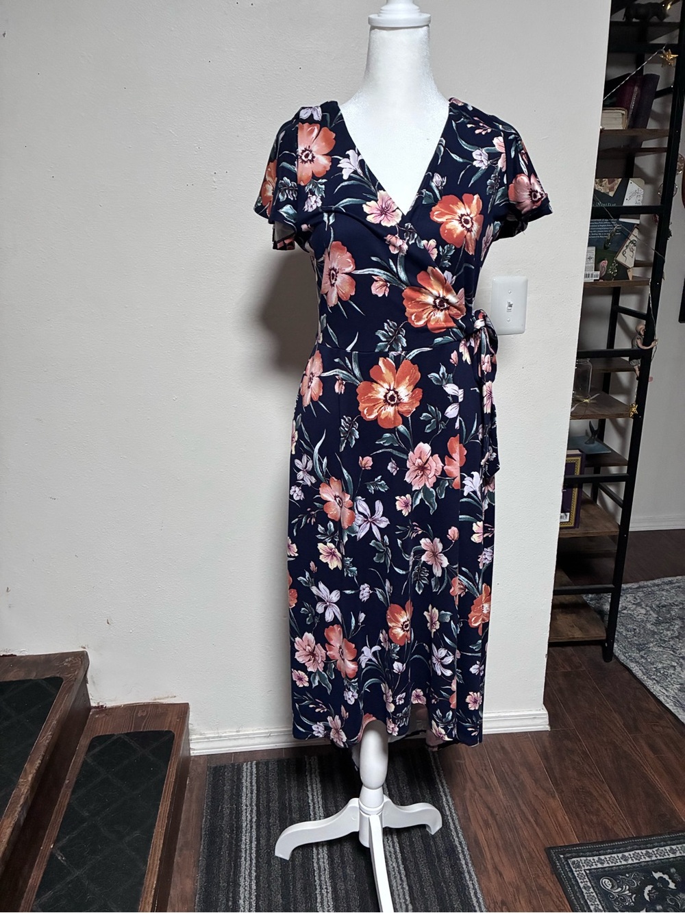 by & by Navy Floral Wrap Dress with Coral & Pink Blooms